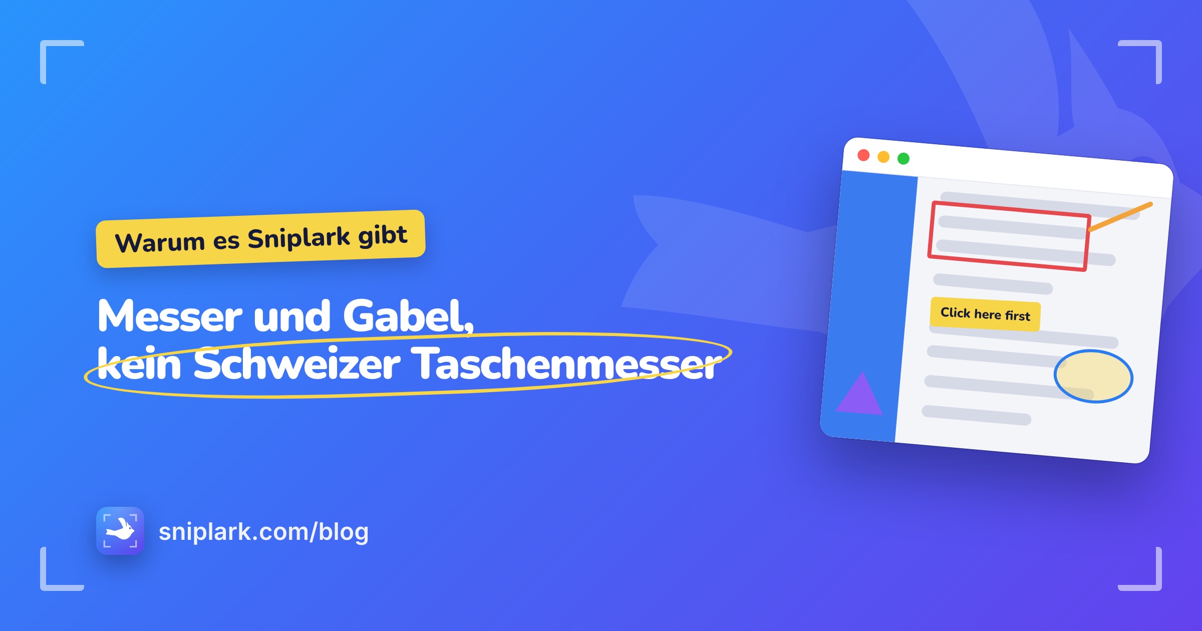 "Messer und Gabel, kein Schweizer Taschenmesser" on the Sniplark blog card