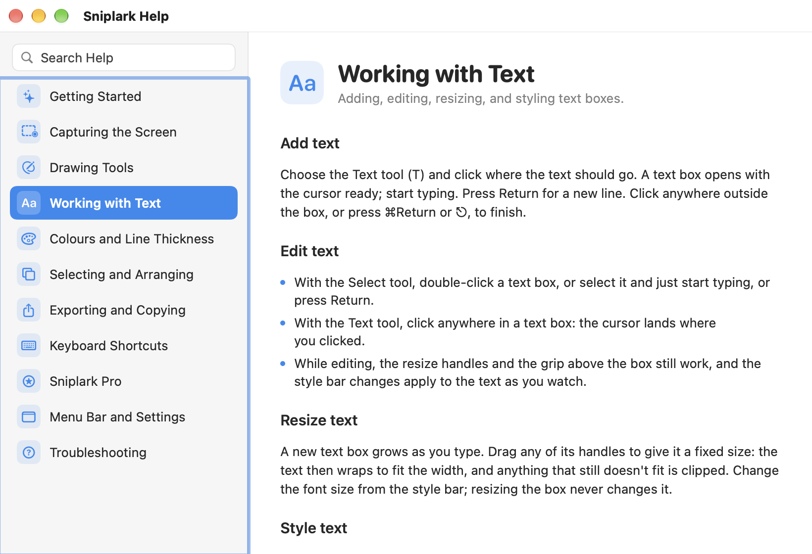 The Sniplark Help window, with topics on the left and Working with Text open